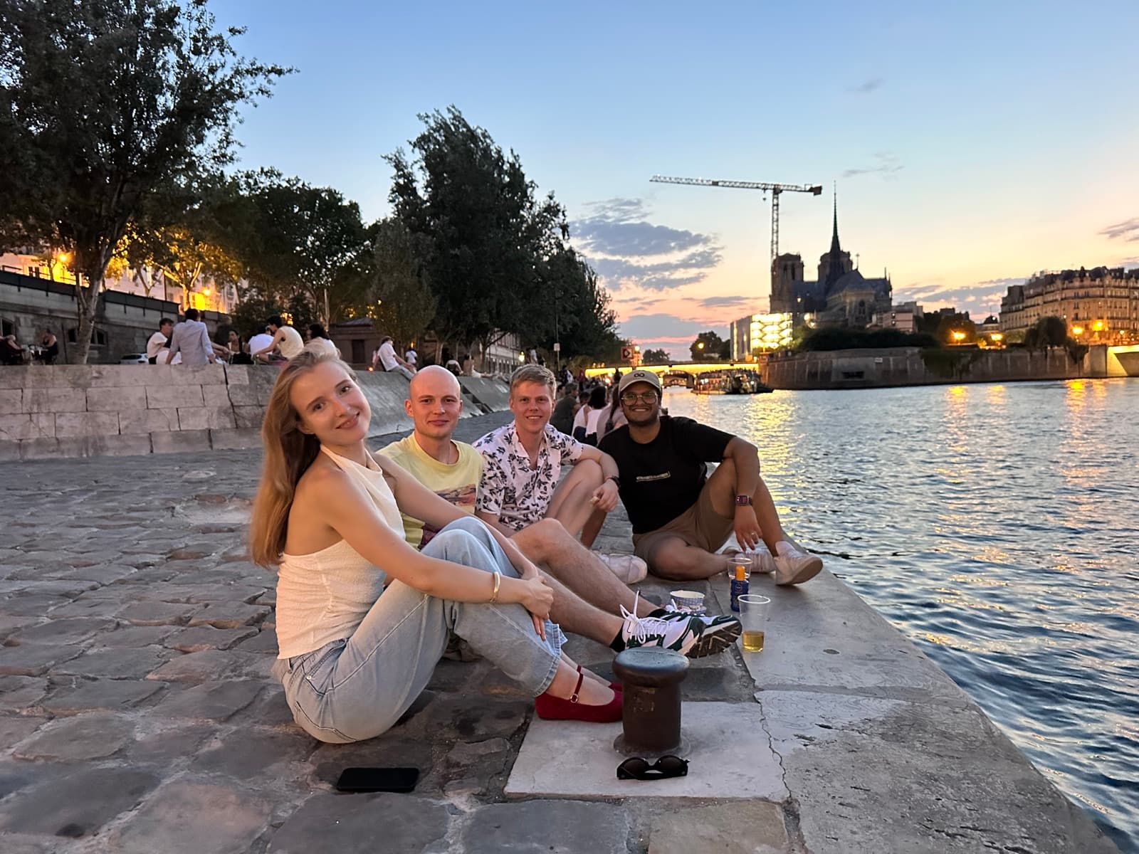drinks and a baguette, riverside